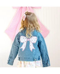 Sweet Wink Little Girls Pearl and Gemstone Floral Bow Patch Denim Jacket