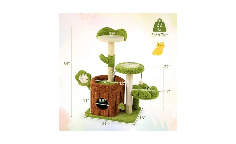 Aostirmotor Machine-Washable & Space-Saving Cat Tree, 36-Inch Jungle Theme with Removable Peach Skin Cover, Sisal Scratching Post & Toys
