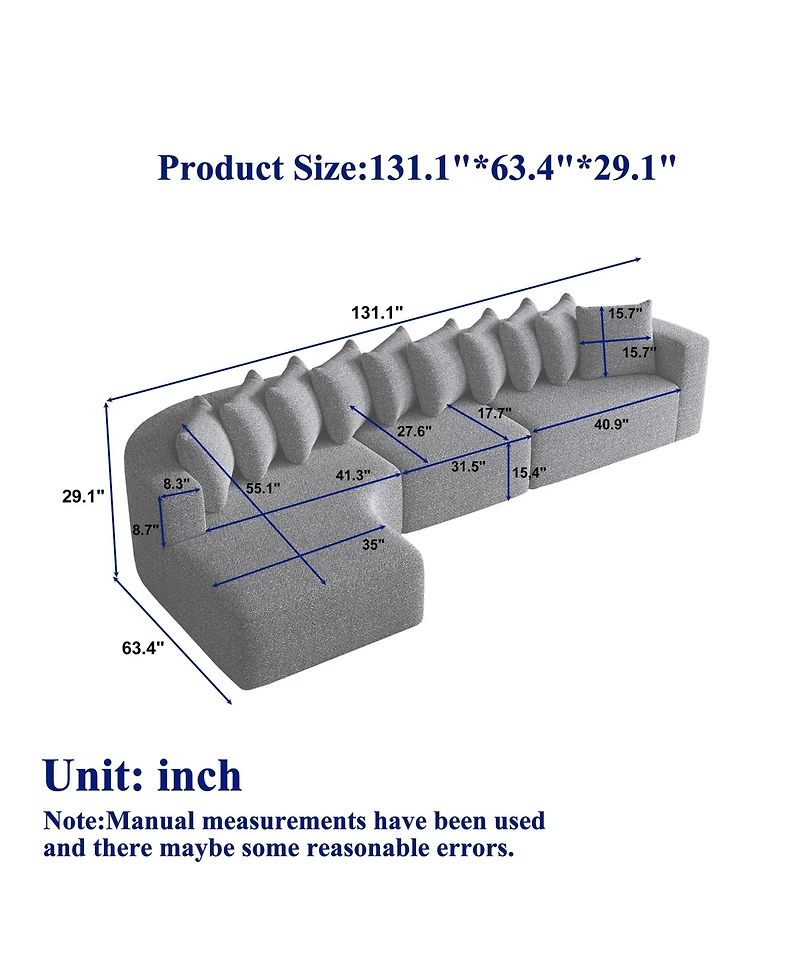 Clihome 131.1-inch Chenille Sectional Sofa with 10 Cushions, Modern Cloud-Shaped Curved Left Chaise Sofa