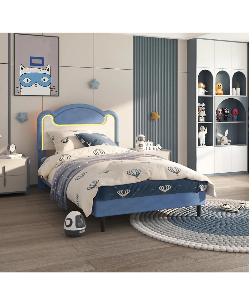 Gaomon Senfot Twin Bed Frame with Led Lights, Upholstered Fabric Headboard, Sturdy Wood Slat Support, No Box Spring Needed