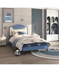 Gaomon Senfot Twin Bed Frame with Led Lights, Upholstered Fabric Headboard, Sturdy Wood Slat Support, No Box Spring Needed