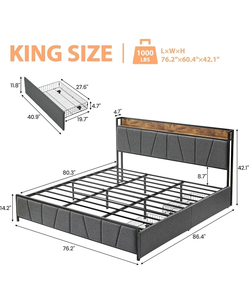 gaomon King Bed Frame with 2 Storage Drawers, Charging Station & Heavy Duty Storage Headboard