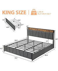 gaomon King Bed Frame with 2 Storage Drawers, Charging Station & Heavy Duty Storage Headboard
