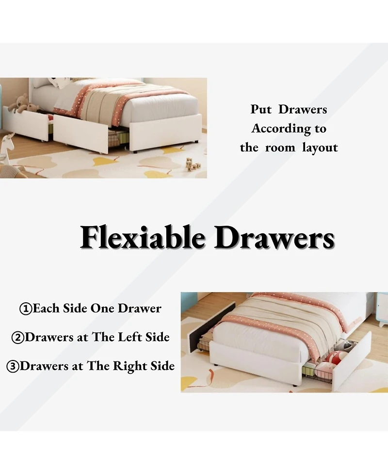 gaomon Twin Bed Frame with 4 Drawers & Led Lights, Velvet Upholstered Rainbow Headboard