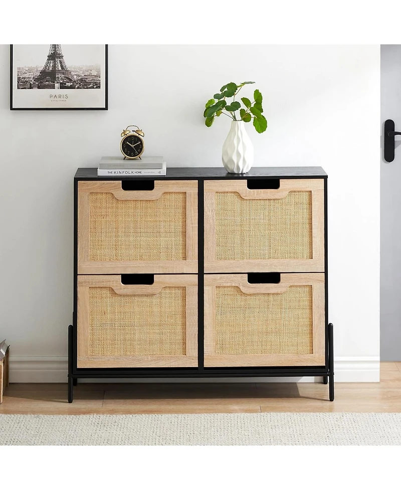 gaomon Rattan Shoe Storage Cabinet with 4 Flip Drawers, Freestanding Organizer Adjustable Shelves for Entryway, Narrow Farmhouse Slim Rack