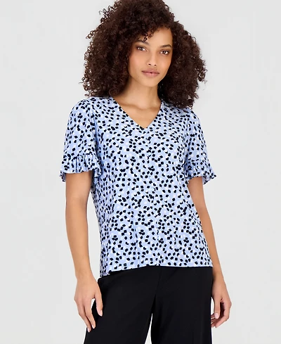Anne Klein Essentials Petite Printed Ruffle-Sleeve Top