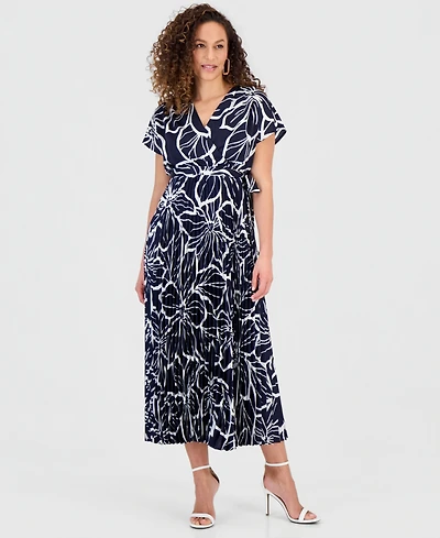 Sandra Darren Women's Printed Surplice-Neck Pleat-Skirt Dress