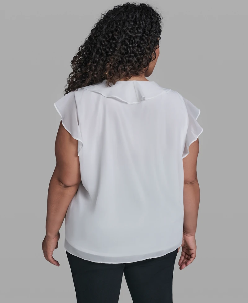Karl Lagerfeld Paris Plus Rosette V-Neck Ruffle Blouse Top