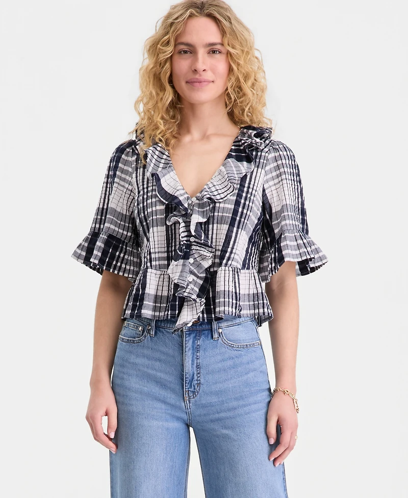 On 34th Women's Short Sleeve Ruffle-Front Cotton Blouse, Macy's Exclusive
