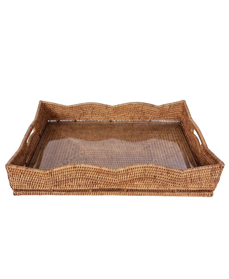 Artifacts Trading Company Rattan Scallop Rectangular Tray with Glass Insert