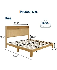 gaomon Rattan Bed Frame with Led Lights, Boho Wood Bed Frame with Storage Headboard & Charging Station, Silent Slats, No Box Spring