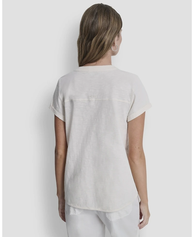 Dkny Sport Women's Embroidered Crewneck Logo Roll-Sleeve Top