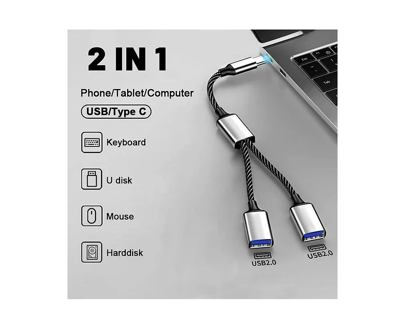 Risokeys Usb C to Dual Usb A Adapter, 480Mbps Data Transfer,Aluminum Hub for Laptop/Car/Phone, Ideal for Commuters