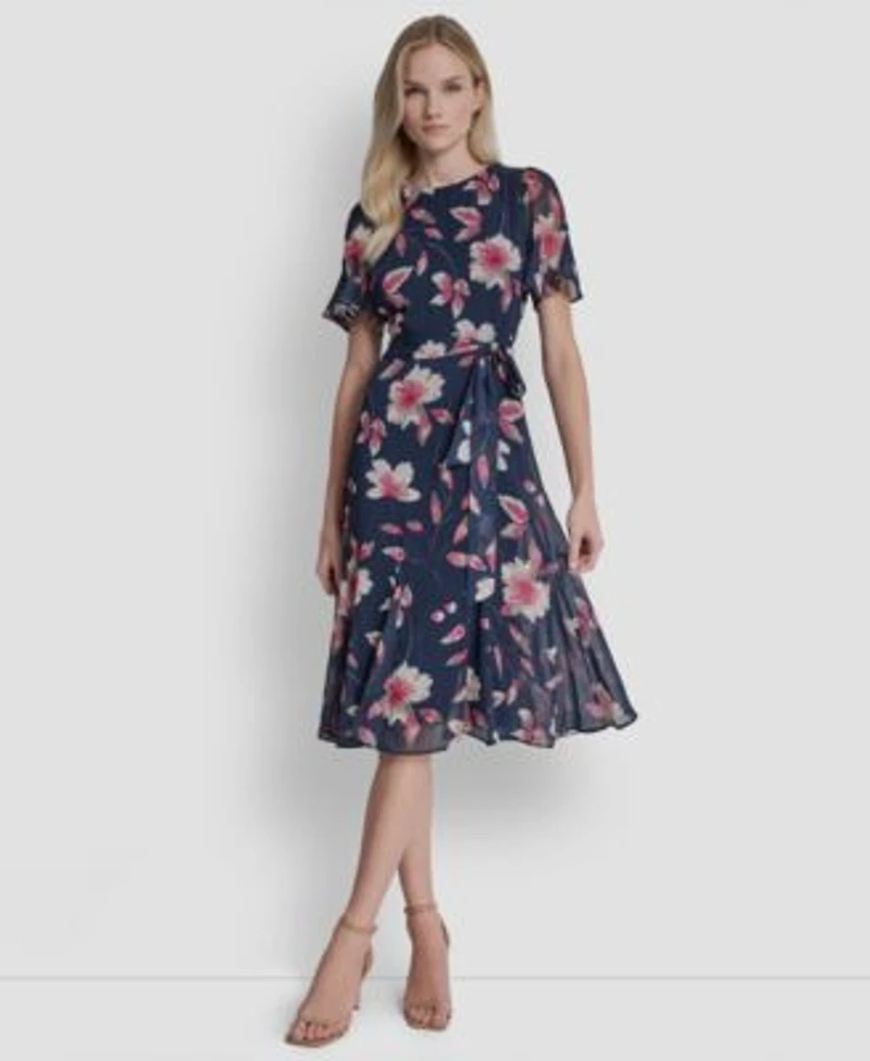 Dkny Womens Short Godet Sleeve Jewel Neck Midi Dress