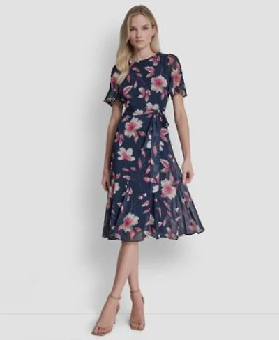 Dkny Womens Short Godet Sleeve Jewel Neck Midi Dress