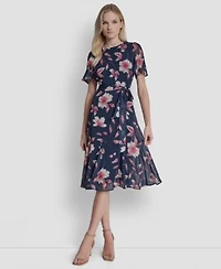 Dkny Womens Short Godet Sleeve Jewel Neck Midi Dress