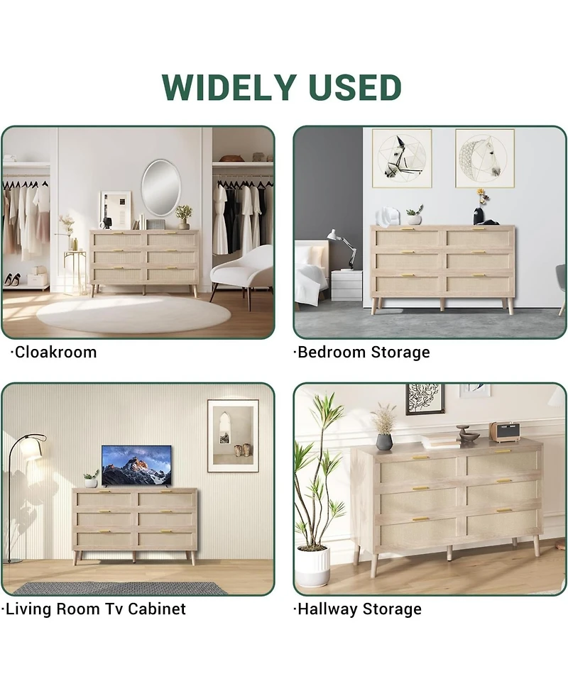 gaomon 6 Drawer Rattan Dresser, Rattan Chest of Dressers, Mid Century Modern Dresser for Closet with Handles, Large Table Top, Dressers Bedroom