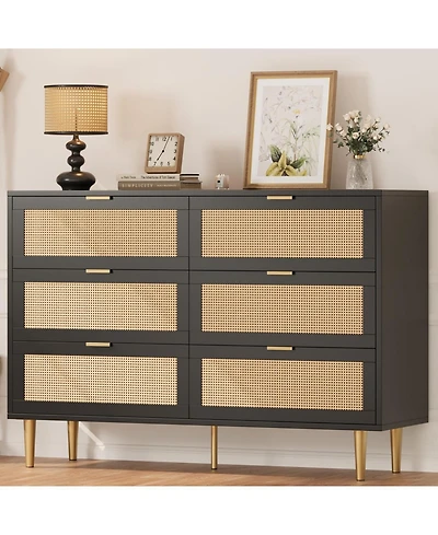 gaomon Rattan 6 Drawer Dresser, Modern Chest of Drawers with Gold Legs and Handles, Boho Wide Double Dresser with Large Tabletop Anti-Tipping Design