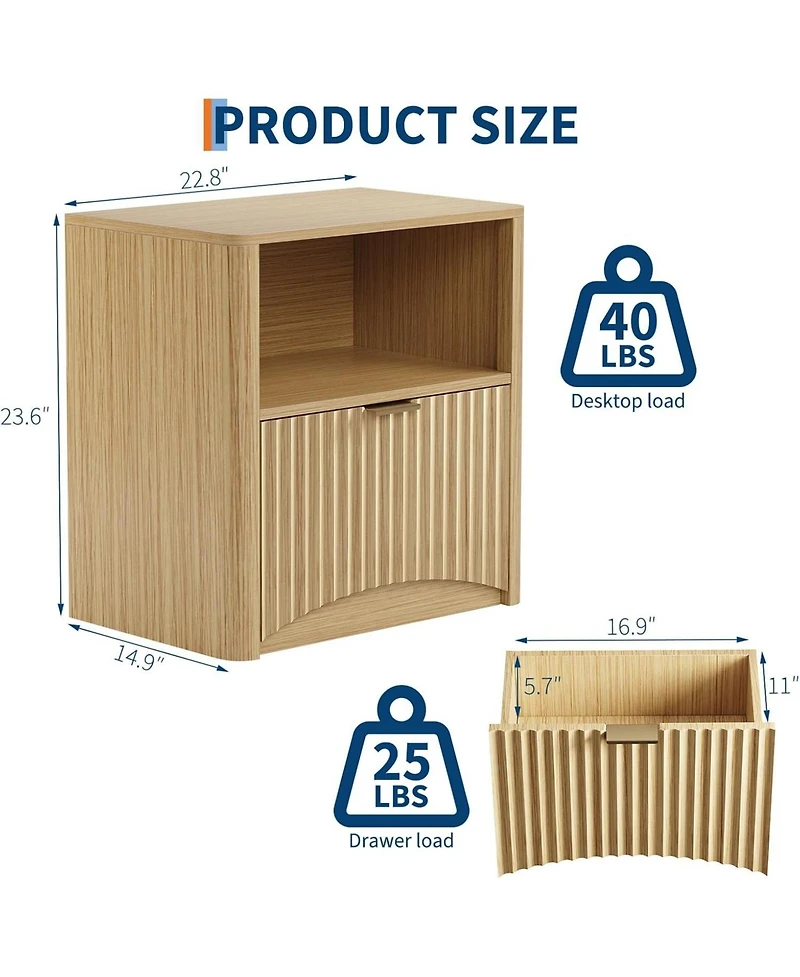 gaomon Fluted Farmhouse Night Stand with Charging Station, 23" Mid-Century Modern Nightstand