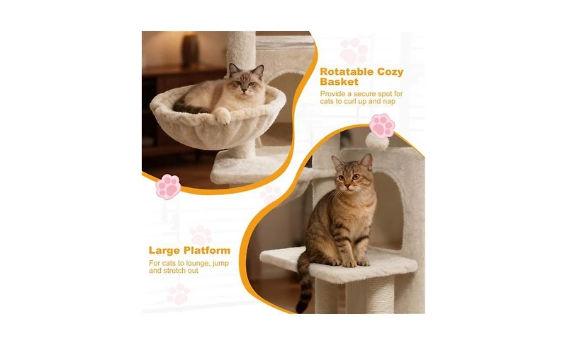 Aostirmotor Cat Tree with 2-Tier Cat Condo, 33.5-Inch Multi-Level Tower with Sisal Scratching Posts & Anti-Toppling Device, Beige