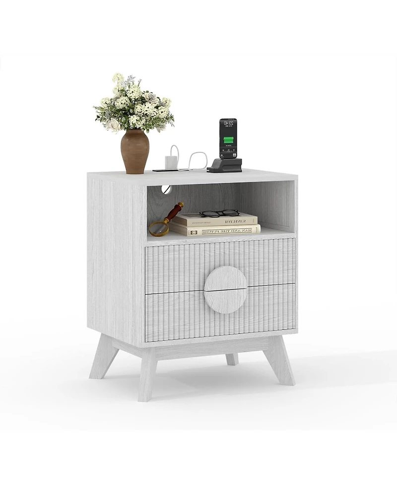 gaomon Modern Wood Nightstand with Charging Station, Fluted Bedside Table with Drawers and Shelf for Bedroom