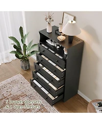 gaomon 5 Drawer Wooden Dresser for Bedroom Closet Bedside, Wood Chest of Drawers with Charging Station & Led Lights for Nursery Living Room