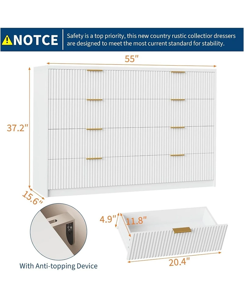 gaomon 8 Drawer Fluted Dresser for Bedroom, 55" Wide Modern Chest of Drawers with Metal Handle, Fluted Wood Tv Stand, Modern Large Dresser
