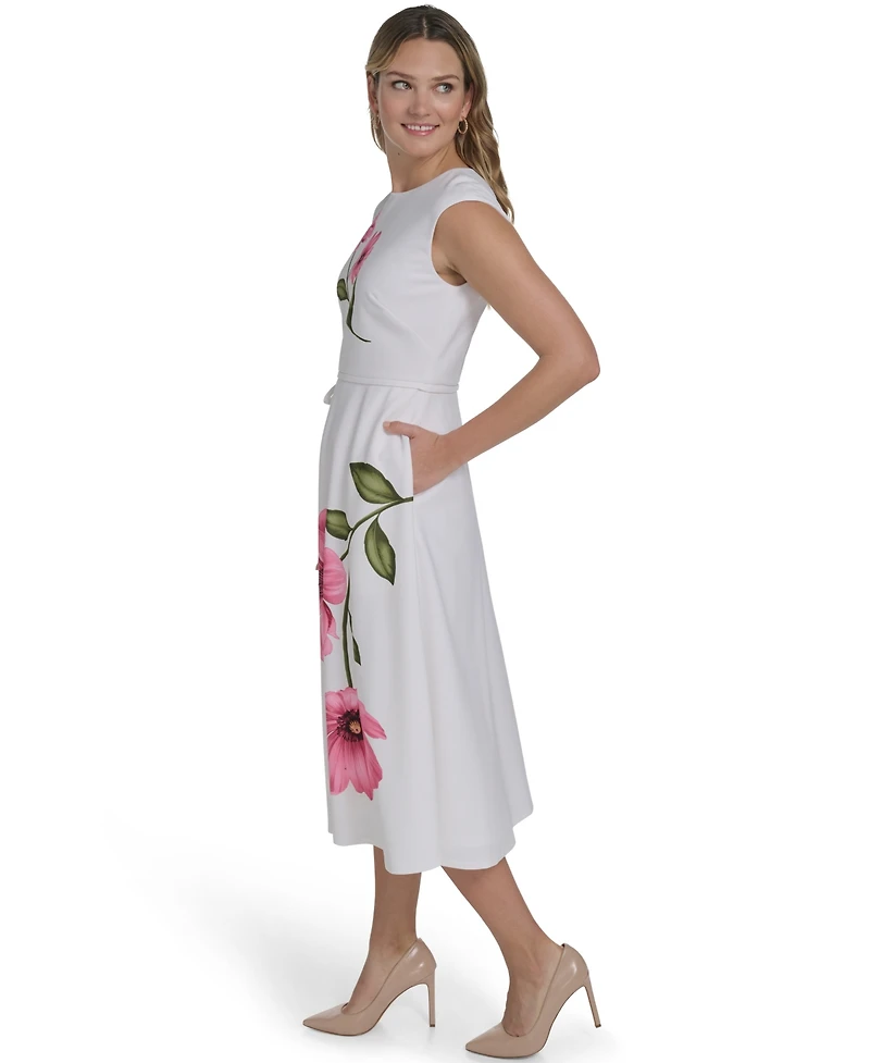 Jessica Howard Petite Extended Cap Belted Jewel Neck Midi Dress