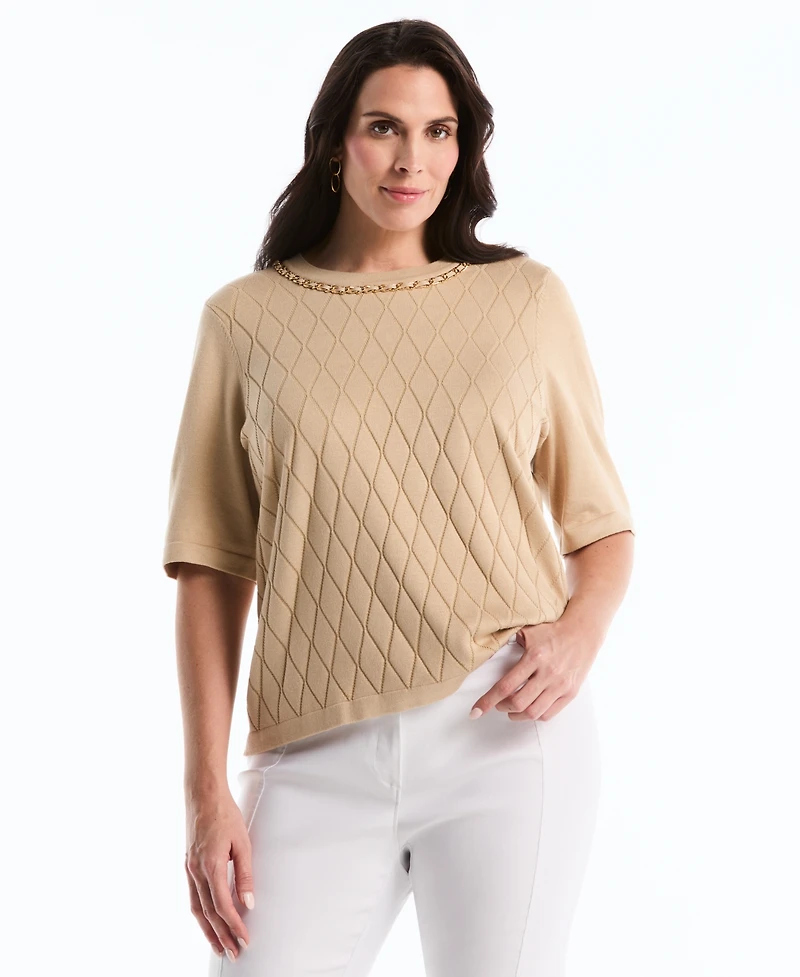 Rafaella Plus Diamond Stitch Elbow-Sleeve Crewneck Sweater