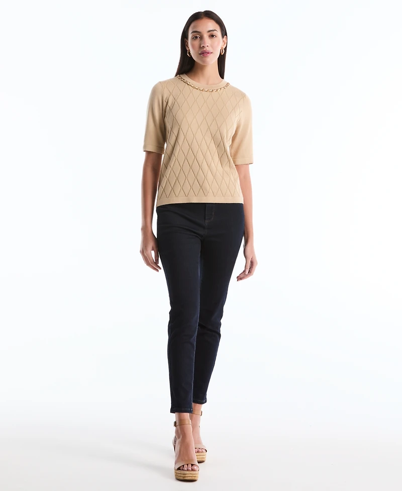 Rafaella Petite Diamond Stitch Crew Neck Sweater