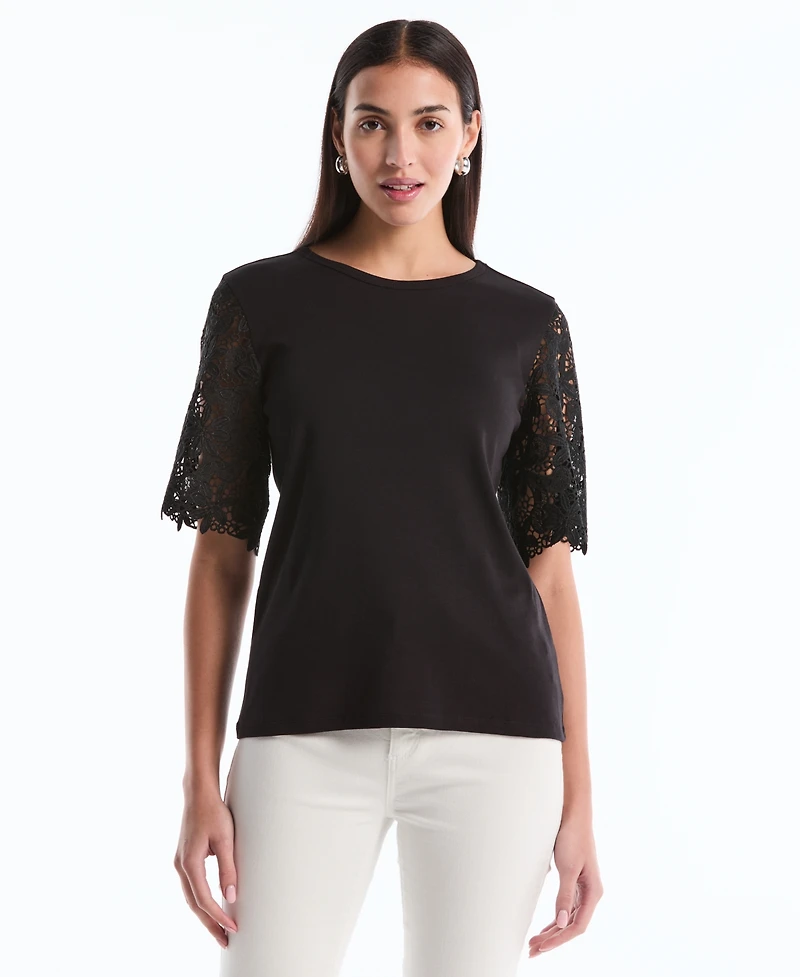 Rafaella Petite Draped Lace Crew Neck Top