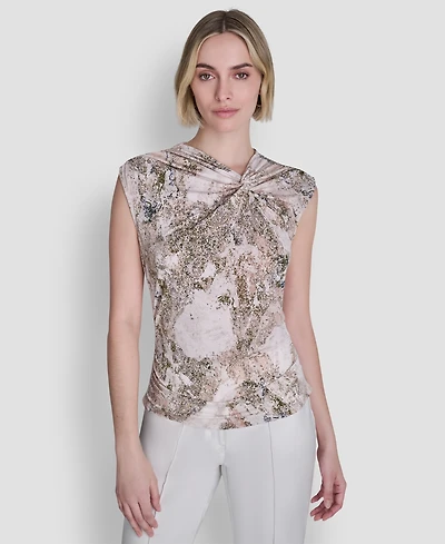 Dkny Women's Sleeveless Printed Asymmetrical Neck Knit Top