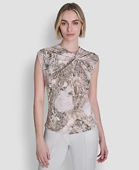 Dkny Women's Sleeveless Printed Asymmetrical Neck Knit Top
