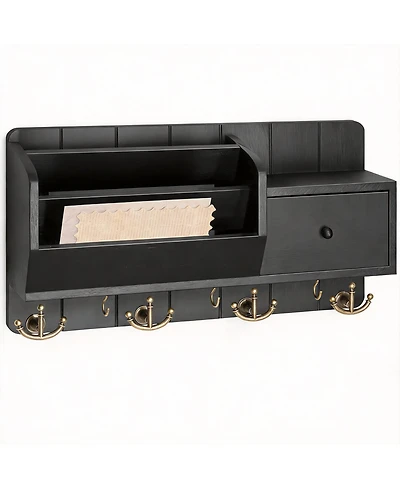 Yigii Wall Organizer with Mail Sorter, Drawer, Hooks, and Shelf - Rustic Decor