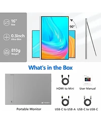 Zachvo 16" Portable 1920×1200P Ips Monitor, Usb-c & Hdmi, 0.3" Ultra-Slim, with Kickstand for Travel & Office