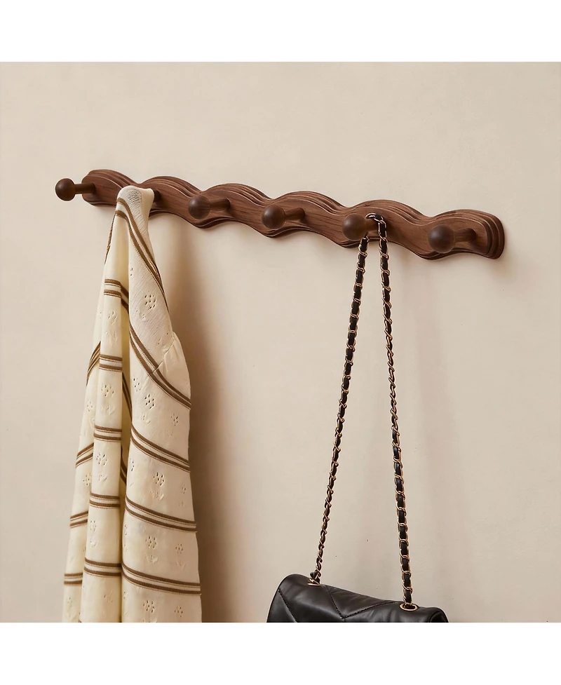 Yigii Wave-Shape Walnut Wood Coat Rack with 6 Hooks for Hats, Coats, Bags