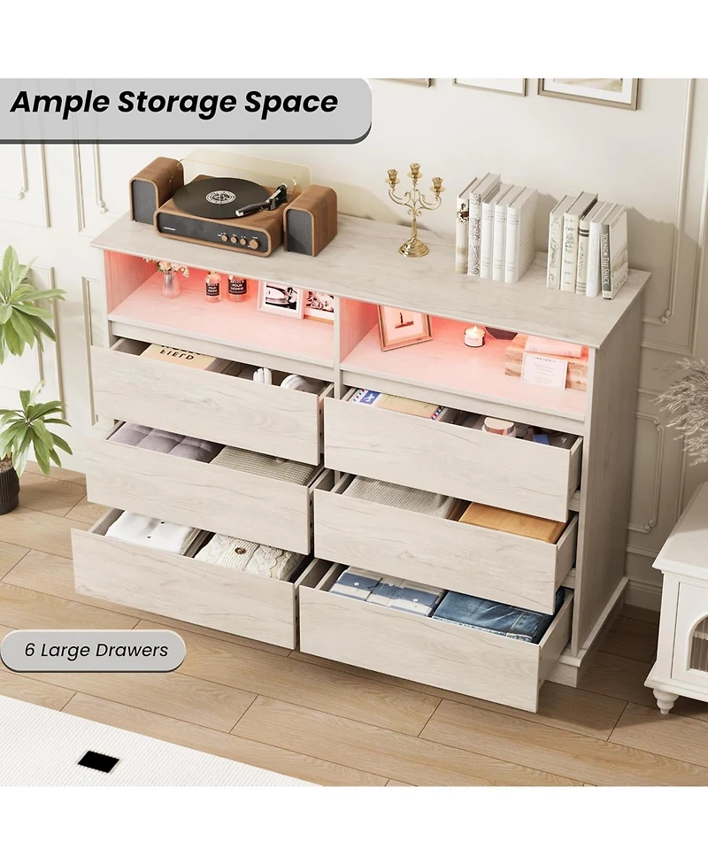 gaomon 6 Drawer Dresser for Bedroom with Led Lights & Charging Station, Modern Oak Dresser with Led for Bedroom