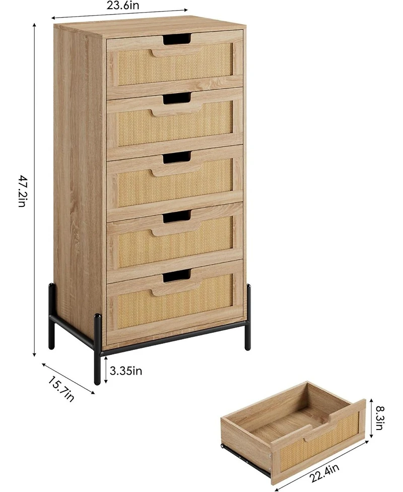gaomon Rattan 5 Drawer Dresser for Bedroom, Modern Farmhouse Wooden Storage Cabinet with Legs, Dressers & Chests of Drawers for Bedroom, Living Room
