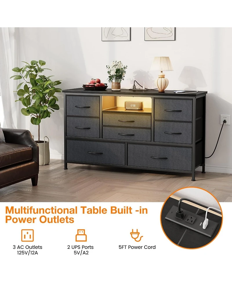 gaomon 47" Particleboard, Iron Frame 8-Drawer Tv Stand, Led Media Console with Power Outlet