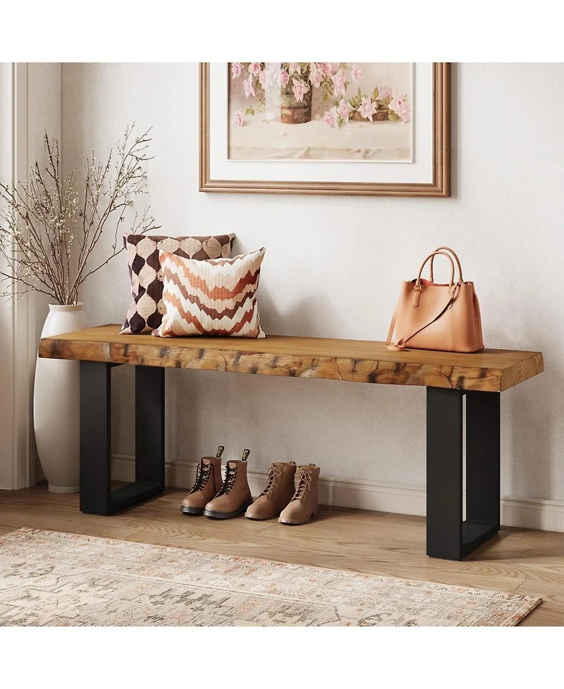 Tribesigns 47" Solid Wood Entryway Bench, Industrial Wooden Shoe Bench with Metal Legs, Narrow Long End of Bed Bench