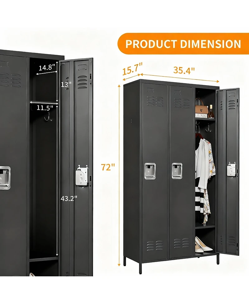 Yigii 3-Door Steel Employee Locker with Spacious Storage for Various Uses