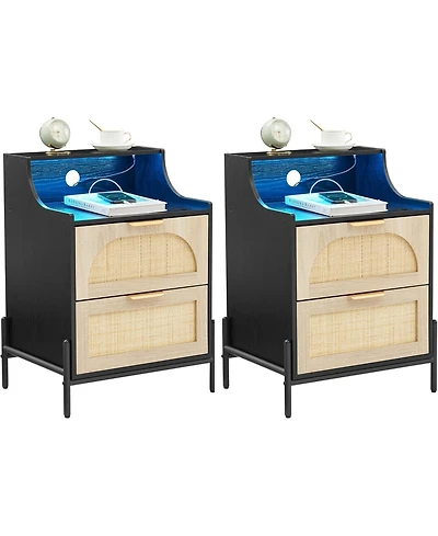 gaomon Rattan Night Stand, Black Nightstand with Charging Station, Modern Nightstand with Led Light and 2 Drawers