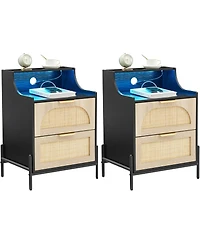 gaomon Rattan Night Stand, Black Nightstand with Charging Station, Modern Nightstand with Led Light and 2 Drawers