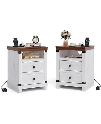 gaomon Farmhouse White Nightstand with Charging Station Set of 2, 2 Drawers, Usb Ports & Power Outlets