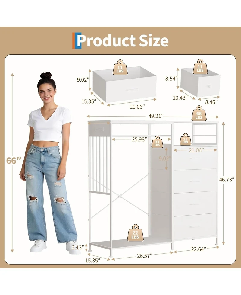 gaomon 49.2" w Dresser with Hanging Rack & Led Lights, 6-Drawer Closet Organizer with Charging Station