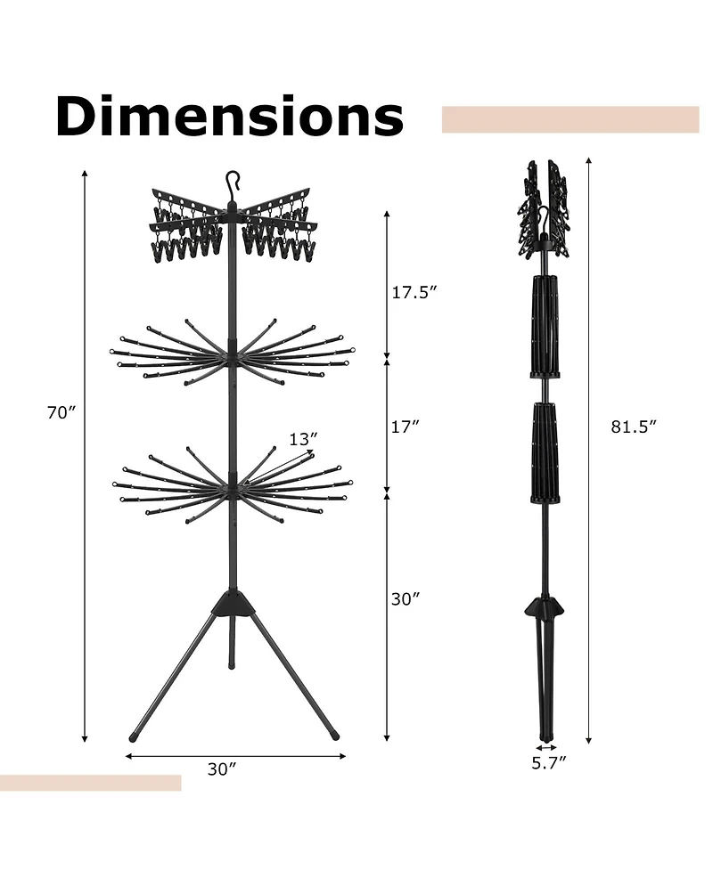 Ecooso 3-Tier Tripod Folding Clothes Drying Rack with 24 Clips, Freestanding Air Dryer