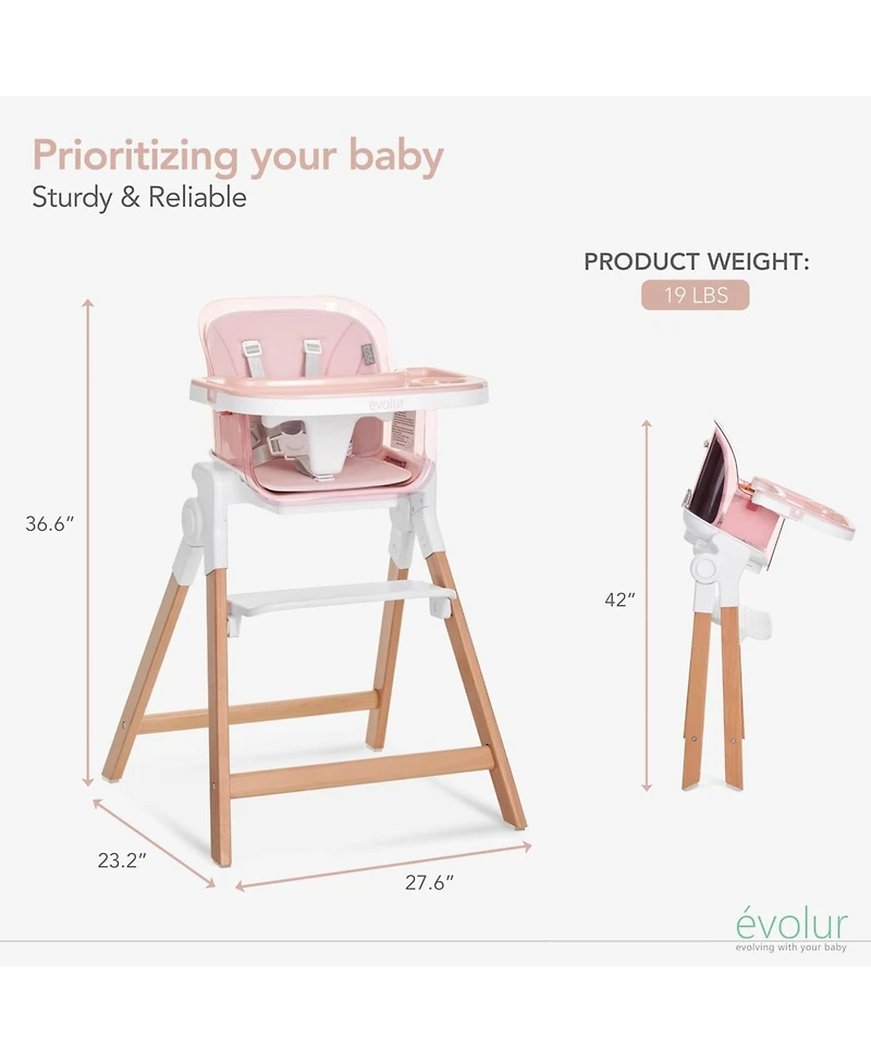 Evolur Toddler TinyThrone 2-in-1 Highchair Grapefruit Pink High Chair Converts into Booster Seat & Adult Stool, Removable Tray and Easy to Clean