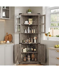 gaomon 67" Farmhouse Wooden Corner Storage Cabinet with Lights & Glass Doors
