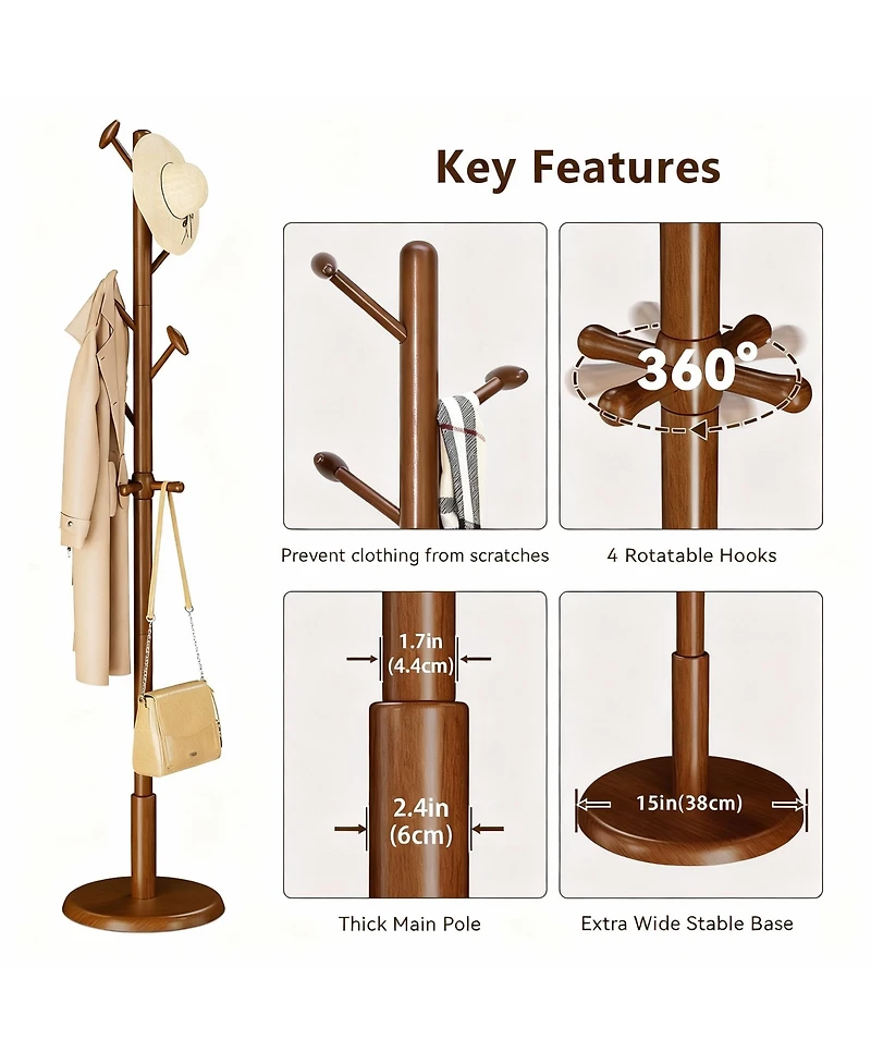 Yigii Solid Rubberwood Coat Rack: 10 Hooks, Tree Design, Sturdy, Easy Install, Modern