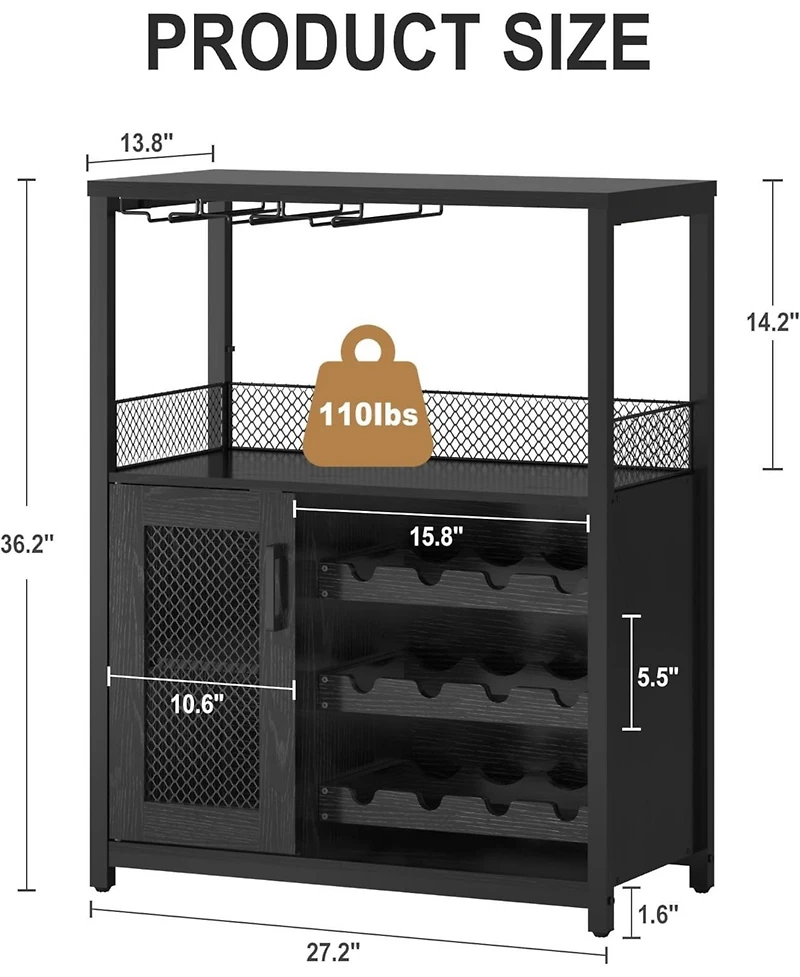 gaomon 3-Tier Wine Bar Cabinet with Led Lights, Detachable Wine Rack, Glass Holder, and Mesh Door for Kitchen, Living Room